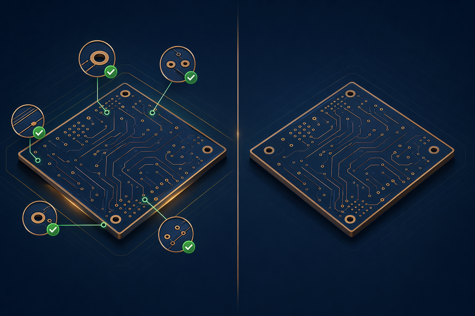 Two PCBs side by side in abstract comparison — one with inspection marks verified, the other plain, representing IPC standards comparison