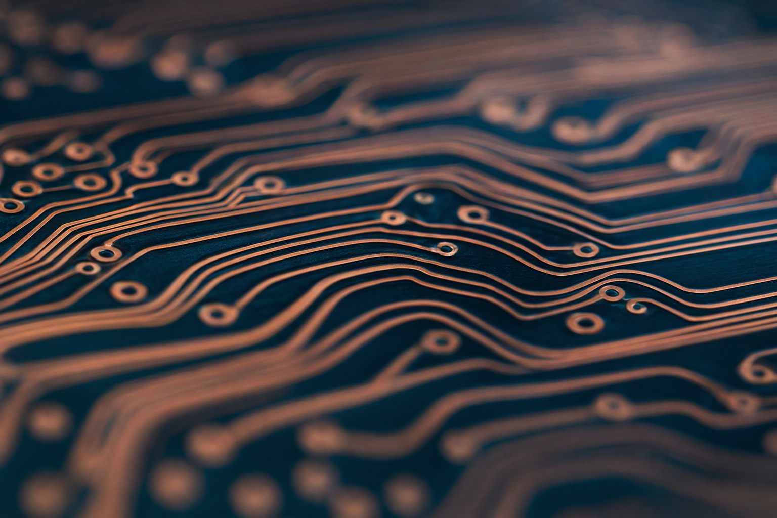 Abstract PCB trace pattern in extreme macro, side-lit casting long shadows, flowing calligraphic geometry, copper on navy