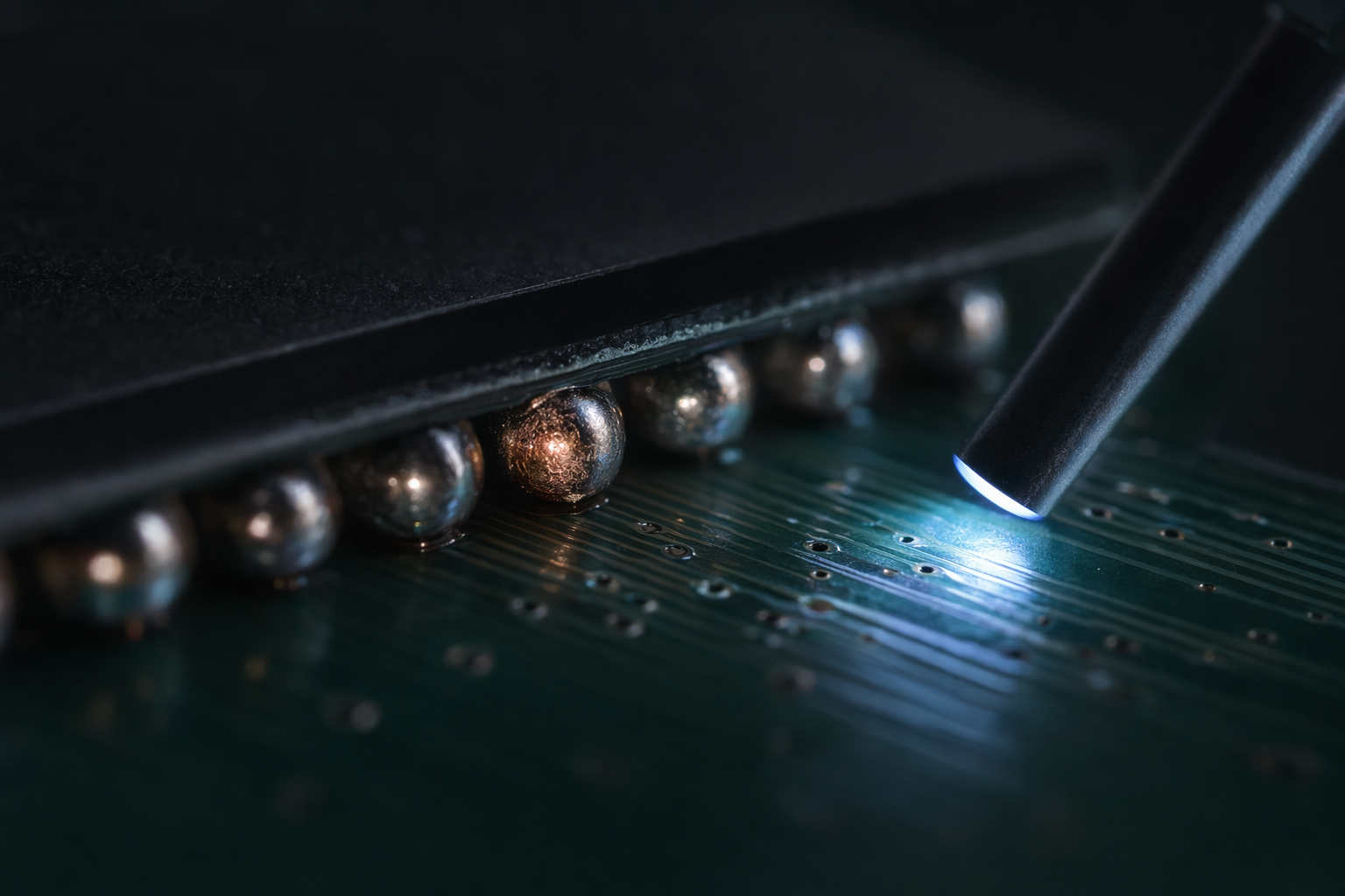 Fiber-optic inspection probe examining BGA solder joint, cool white-blue light, copper specular highlight