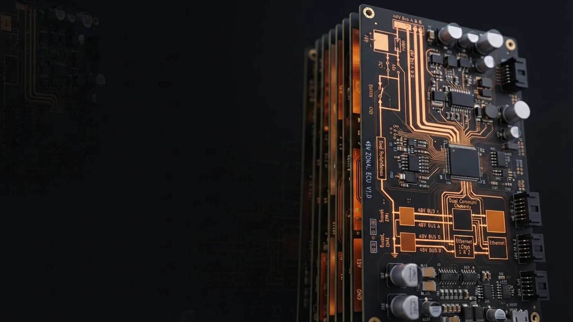 Wide establishing shot of a printed circuit board surface with intricate copper traces spreading across dark fiberglass substrate, flat even lighting with no central focal point, revealing the geometric precision of PCB design