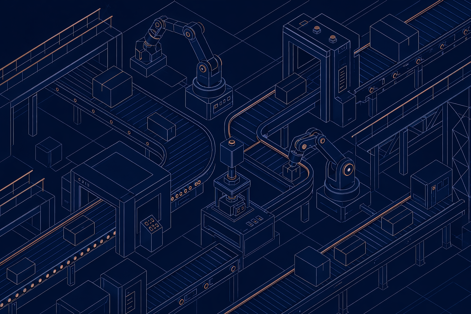 Abstract geometric representation of a production facility — conveyor line simplified to geometric forms, isometric line-art