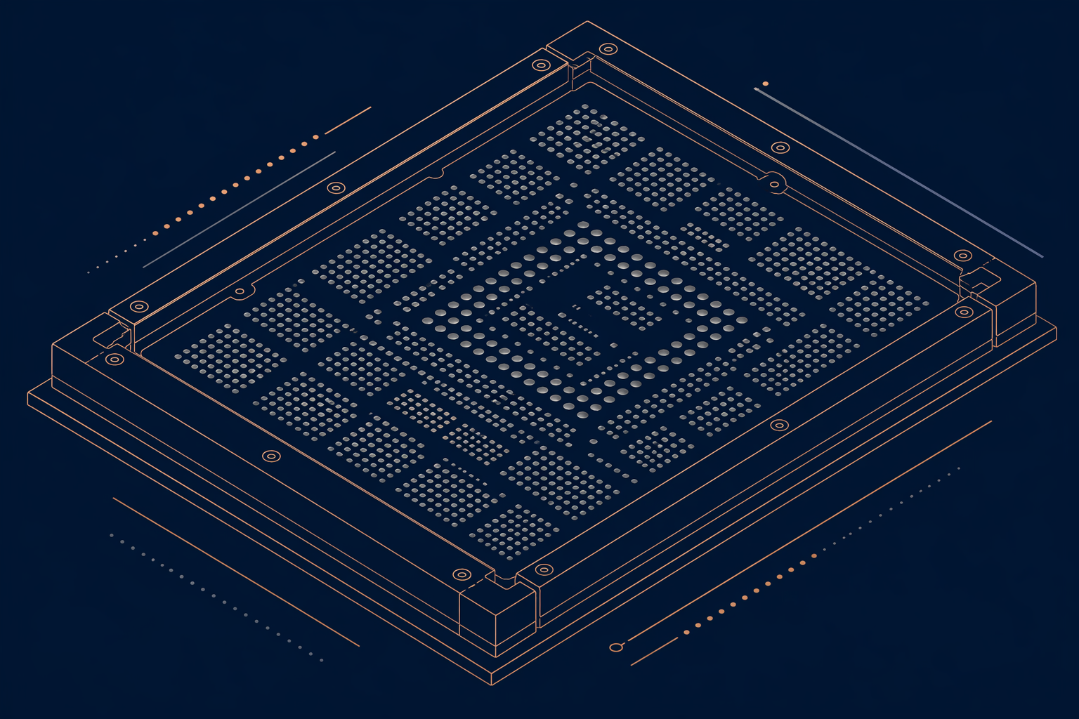 Abstract geometric stencil printer representation with a rectangular frame and grid pattern suggesting solder paste deposits
