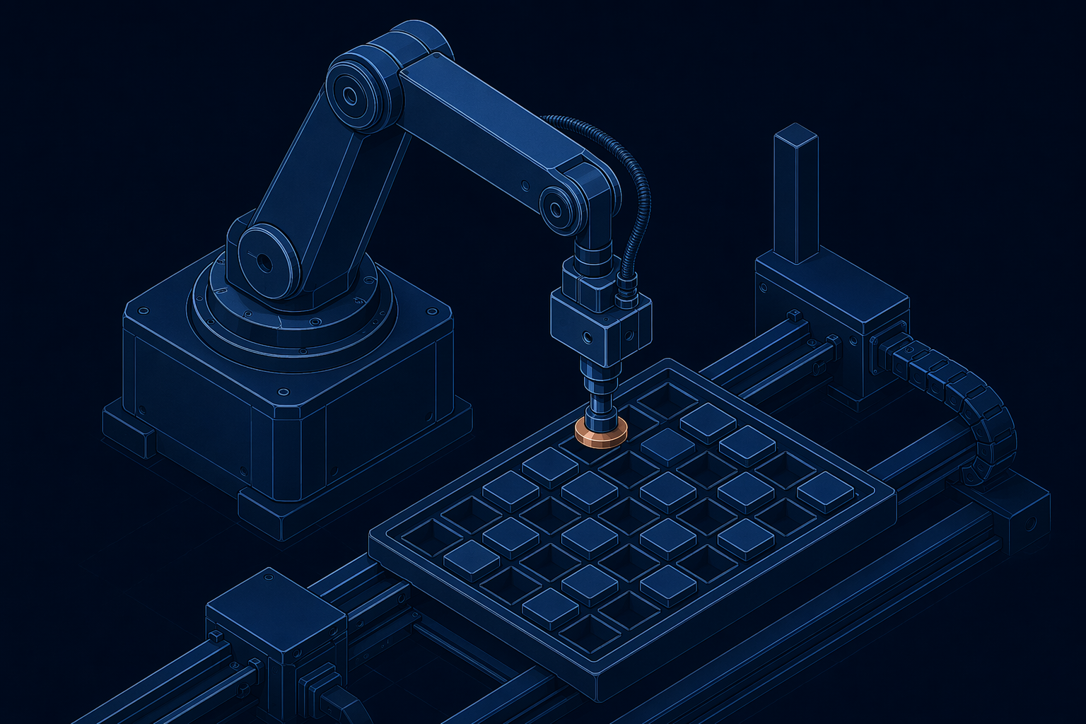 Abstract pick-and-place machine representation with robotic arm and vacuum nozzle over a component grid, blue-tinted geometric style