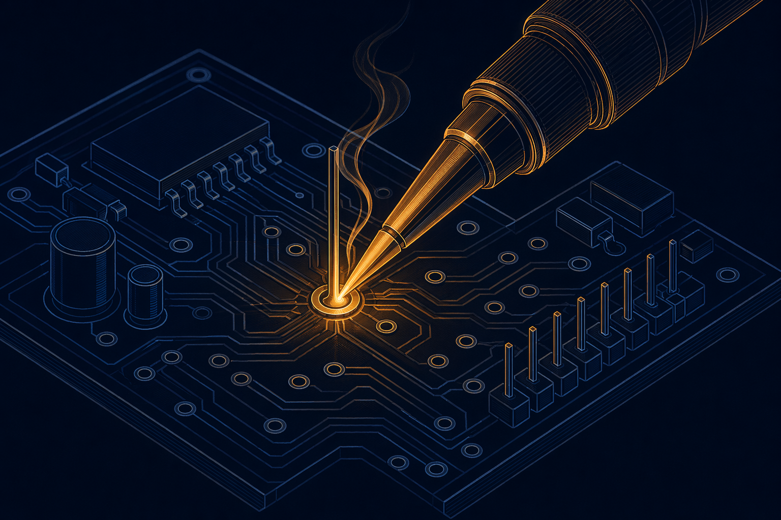 Selective soldering abstraction with focused solder nozzle on single through-hole joint, precision detail