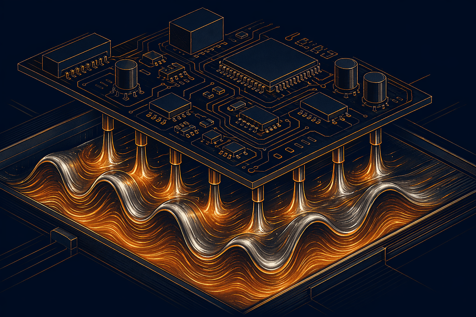 Wave solder abstraction showing wave form under board plane with warm metallic tones