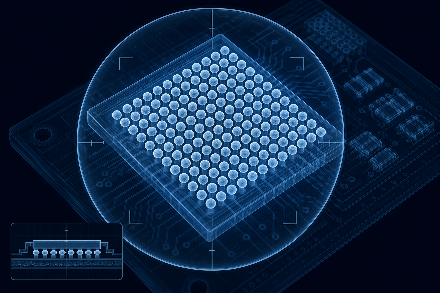X-ray inspection abstraction showing a circular BGA ball grid viewed through blue-tinted x-ray style overlay